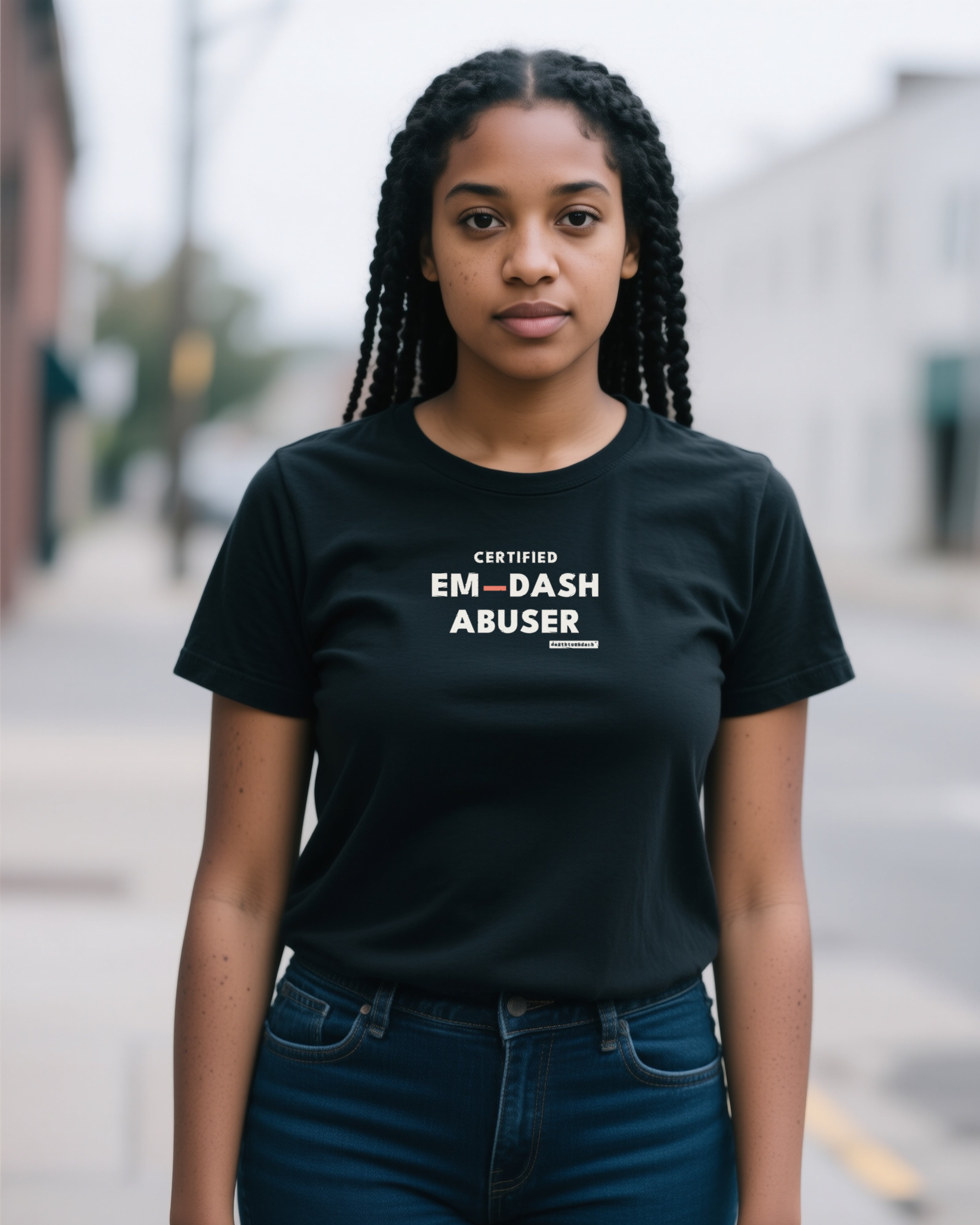 Certified Em-Dash Abuser women's relaxed t-shirt in black, worn