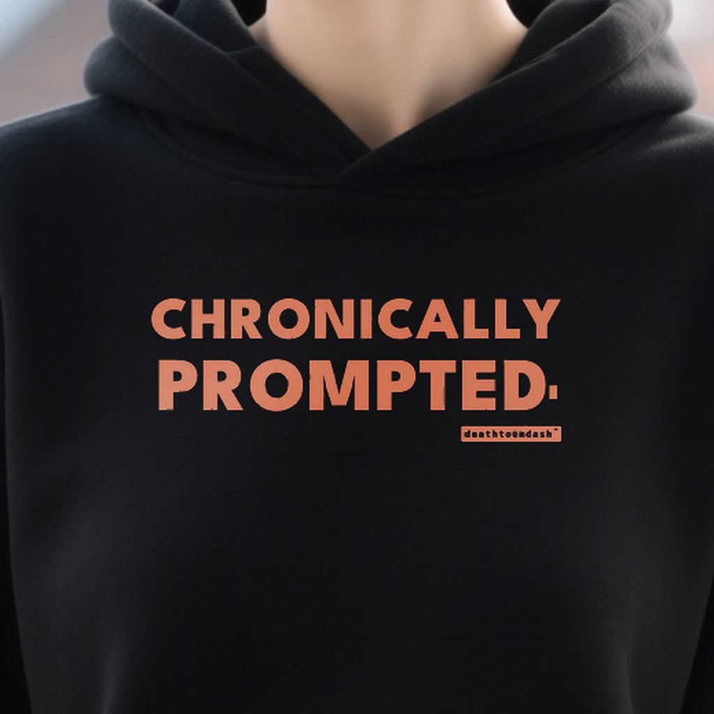 Chronically Prompted design shown close up on a black unisex t-shirt