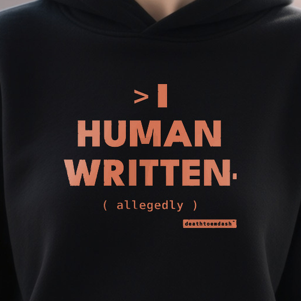 Human Written Allegedly design shown close up on a black unisex hoodie