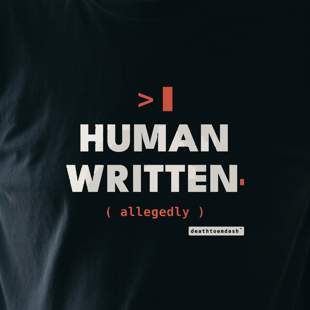 Human Written Allegedly design shown close up on a black unisex t-shirt