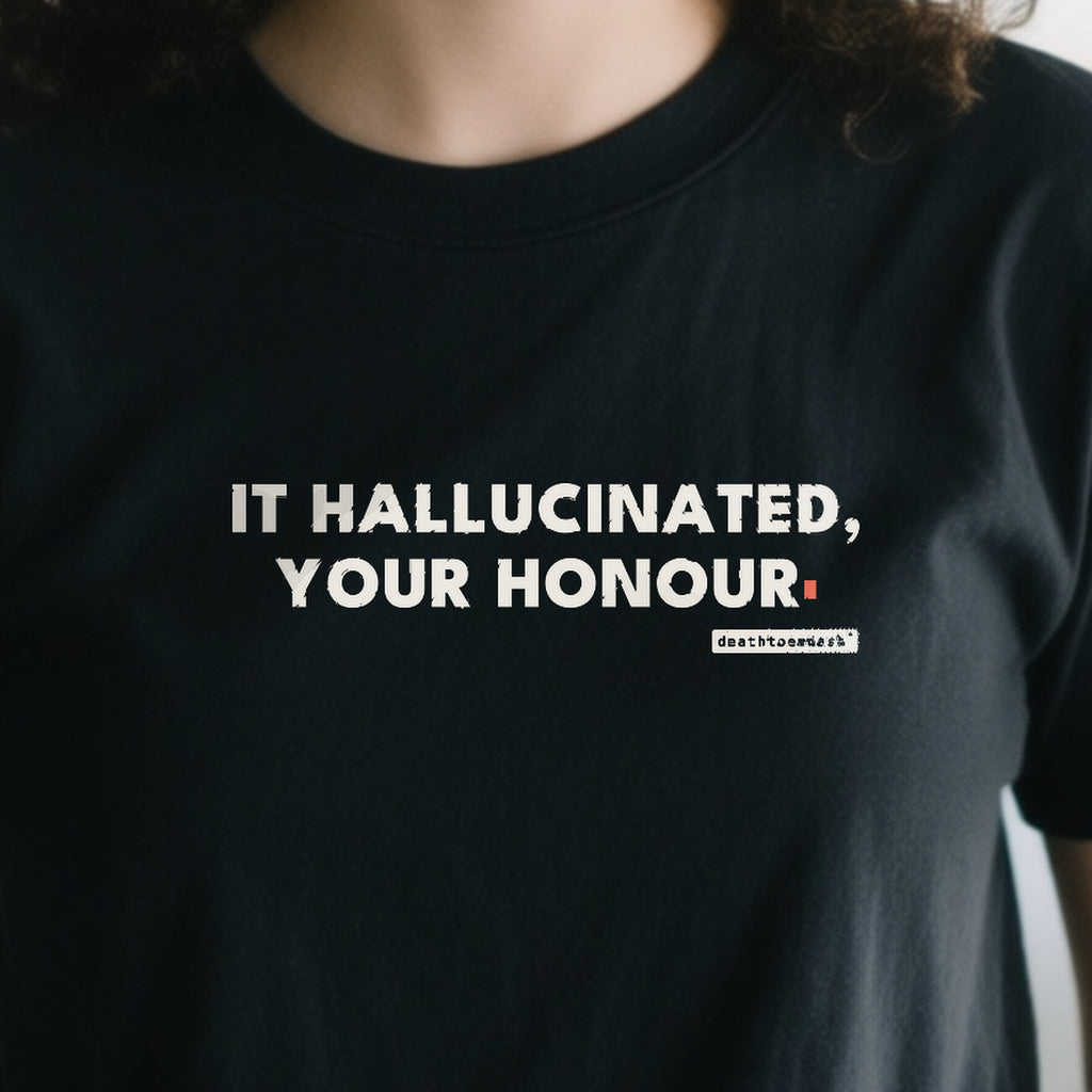 It Hallucinated Your Honour design shown close up on a black unisex t-shirt
