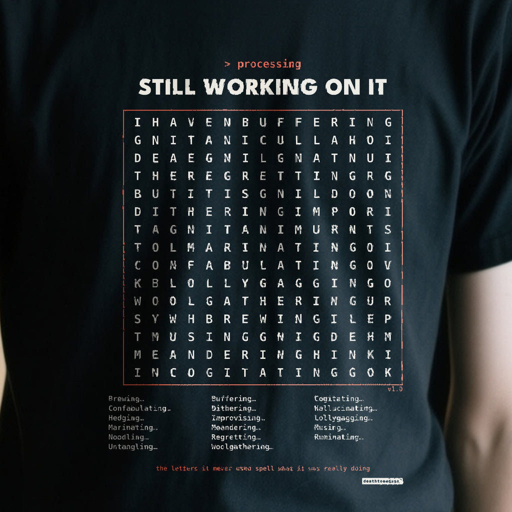 Processing Wordsearch V1 design shown close up on a black unisex t-shirt