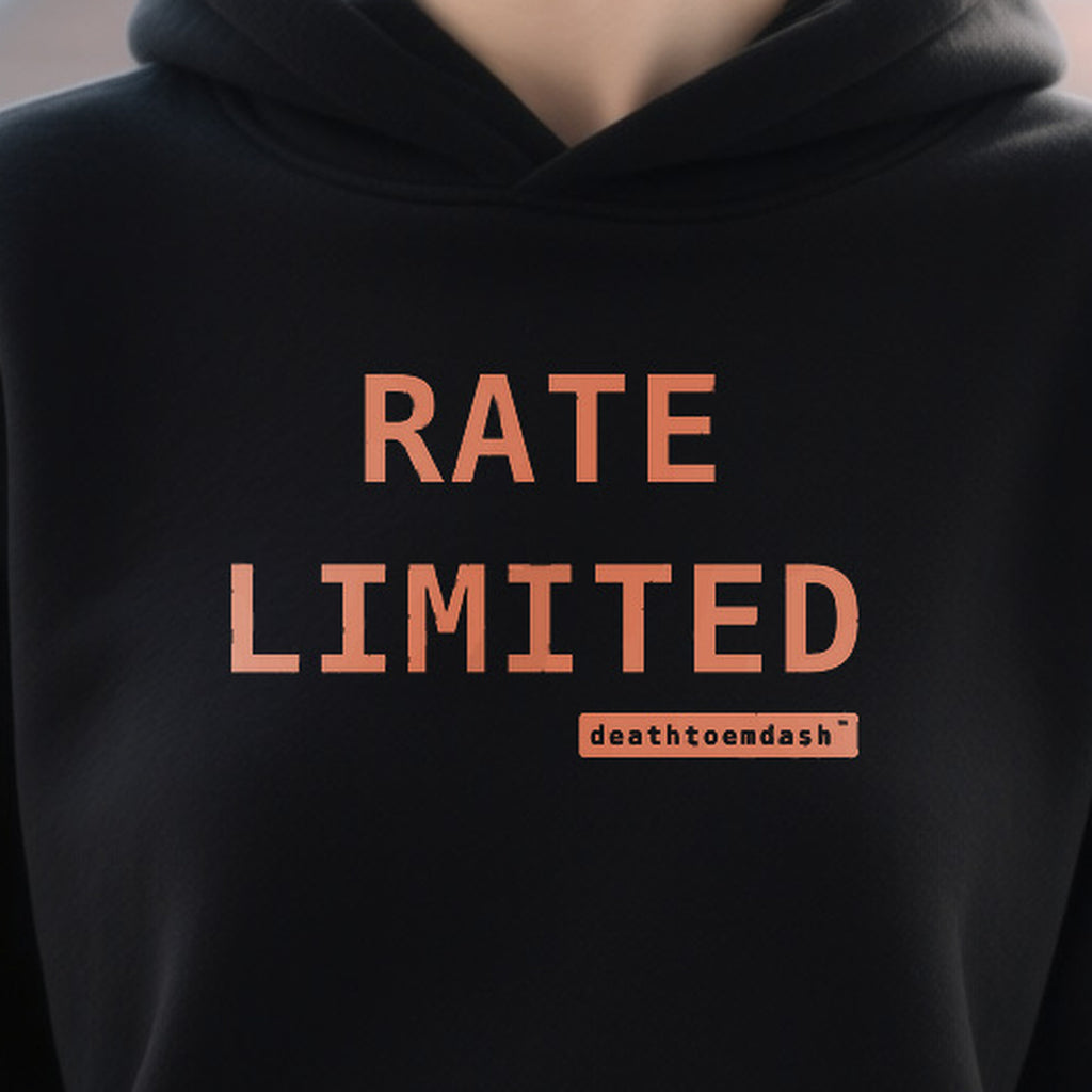 Rate Limited design shown close up on a black unisex t-shirt