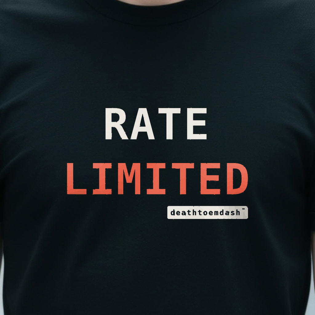 Rate Limited design shown close up on a black unisex t-shirt