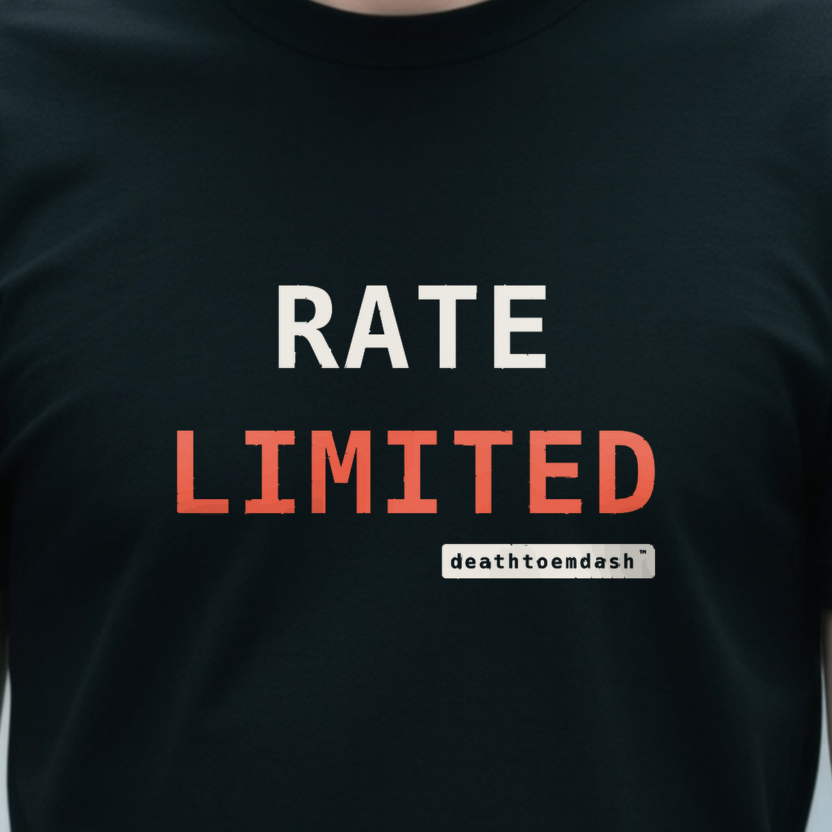 Rate Limited design shown close up on a black unisex t-shirt