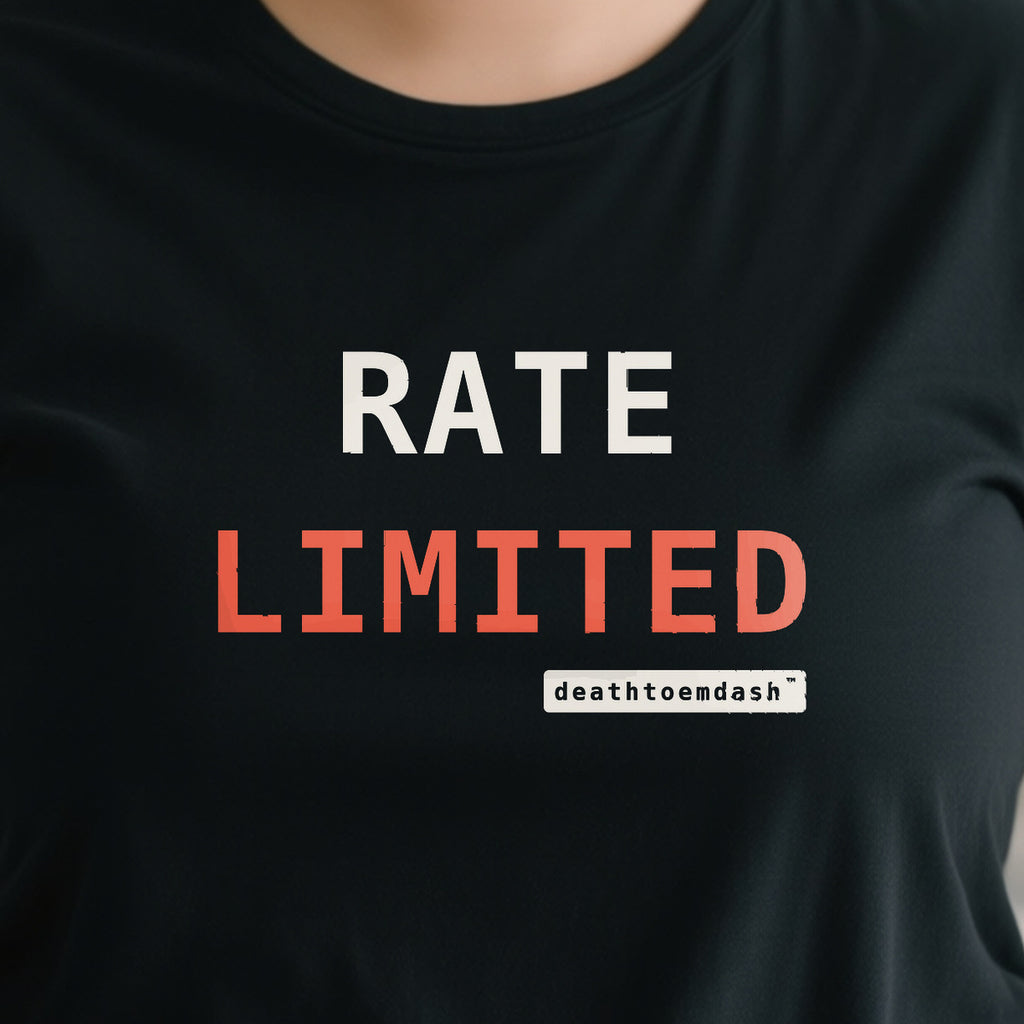 Rate Limited design shown close up on a black unisex t-shirt