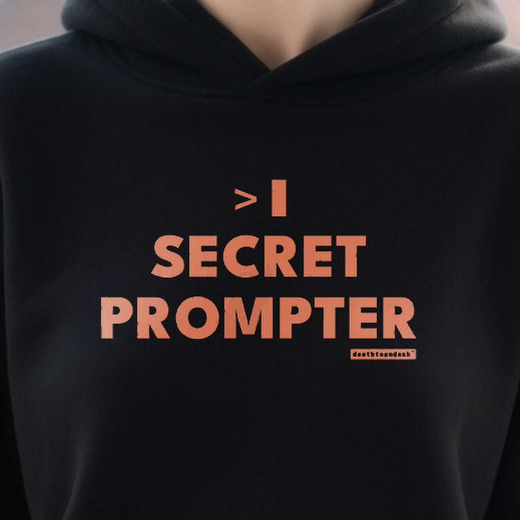 Secret Prompter design shown close up on a black unisex t-shirt