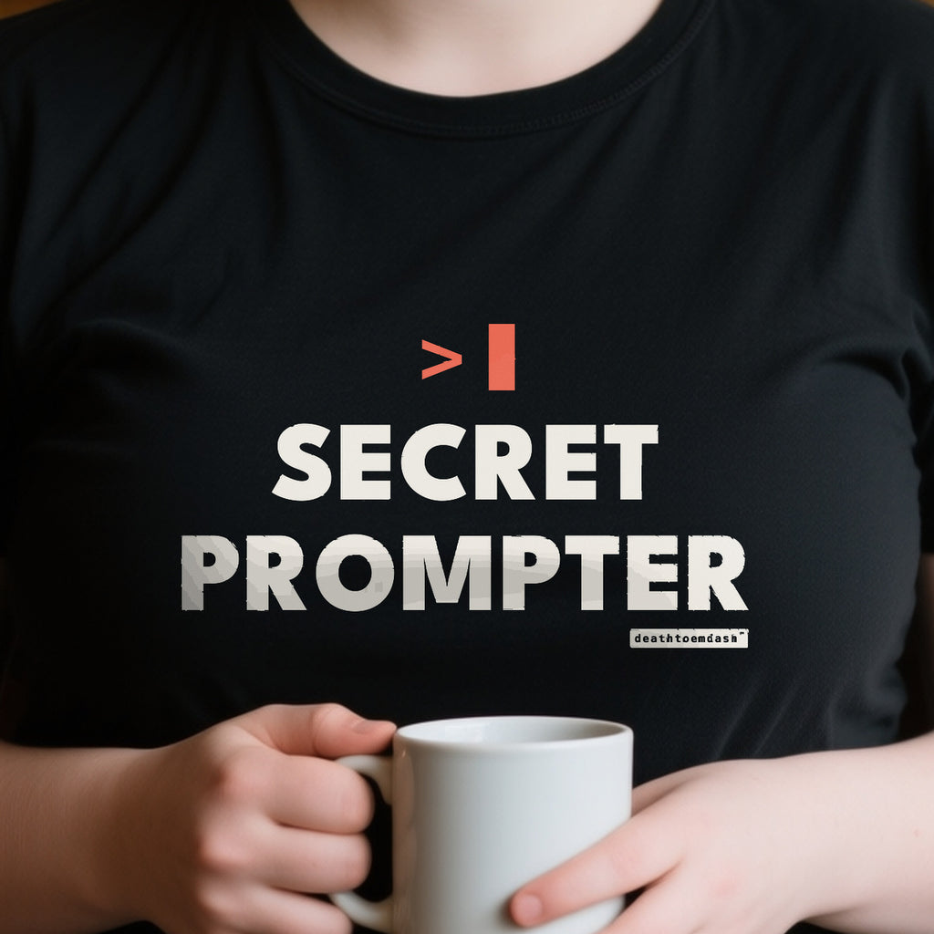 Secret Prompter design shown close up on a black unisex t-shirt