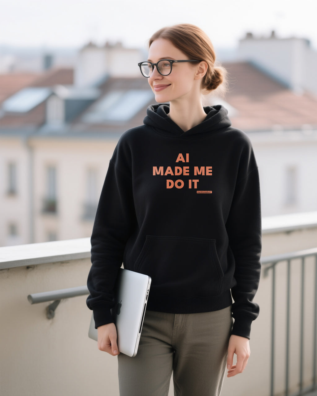 Ai Made Me Do It unisex heavyweight hoodie in black, worn