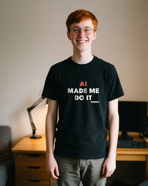 Ai Made Me Do It unisex heavyweight t-shirt in black, worn
