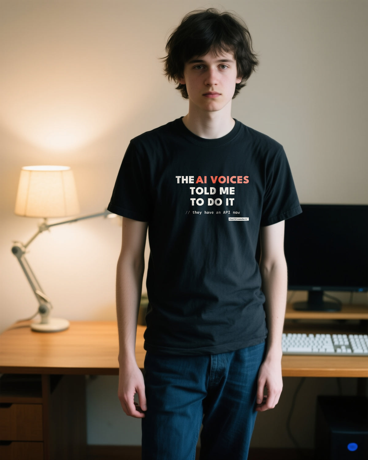 Ai Voices Told Me unisex heavyweight t-shirt in black, worn