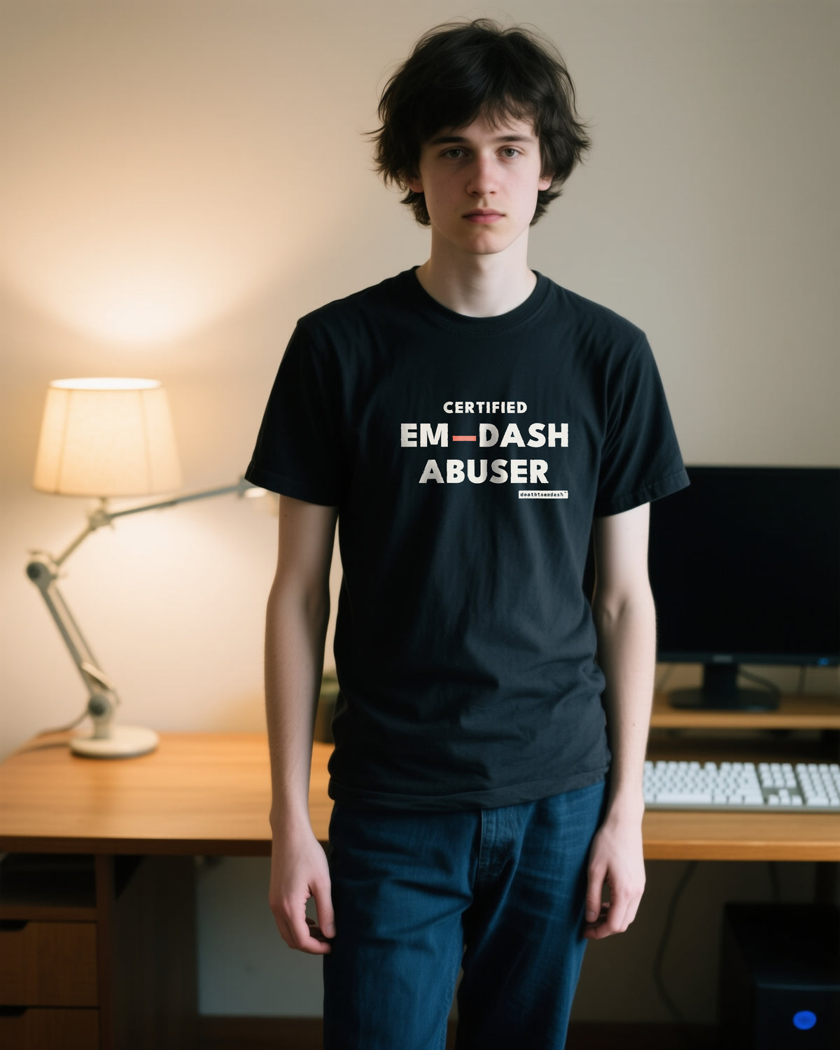 Certified Em Dash Abuser unisex heavyweight t-shirt in black, worn
