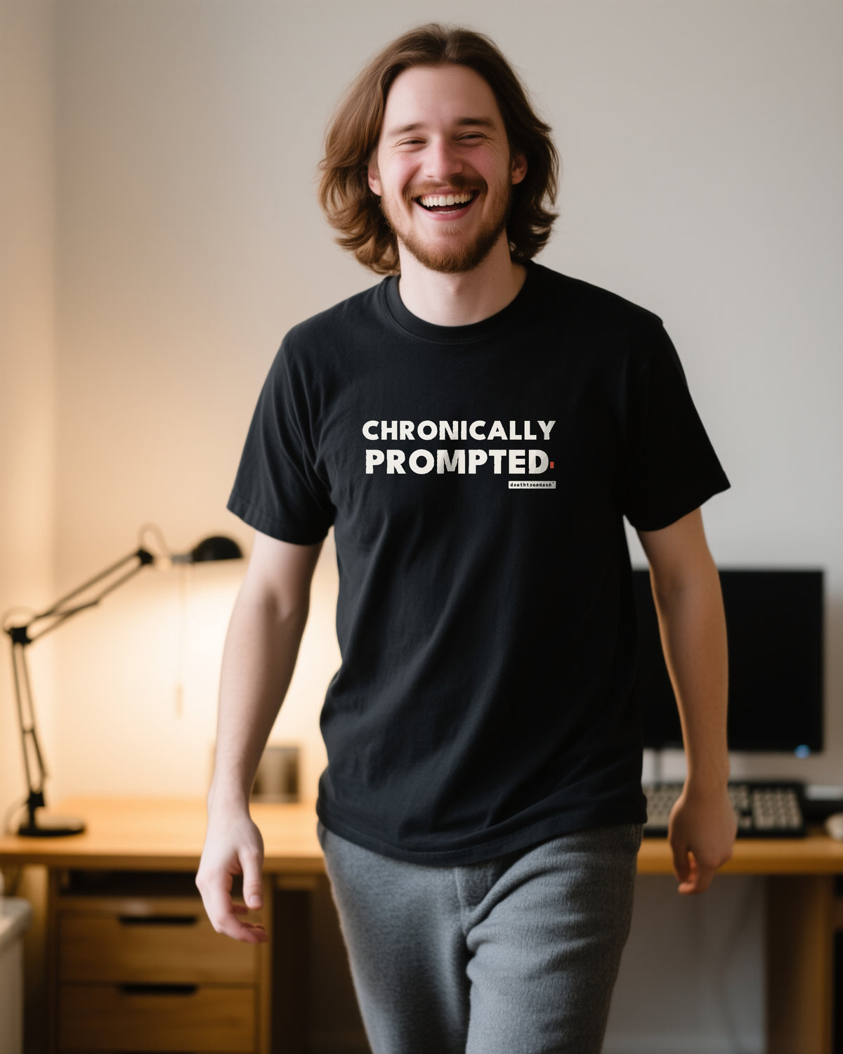 Chronically Prompted unisex heavyweight t-shirt in black, worn