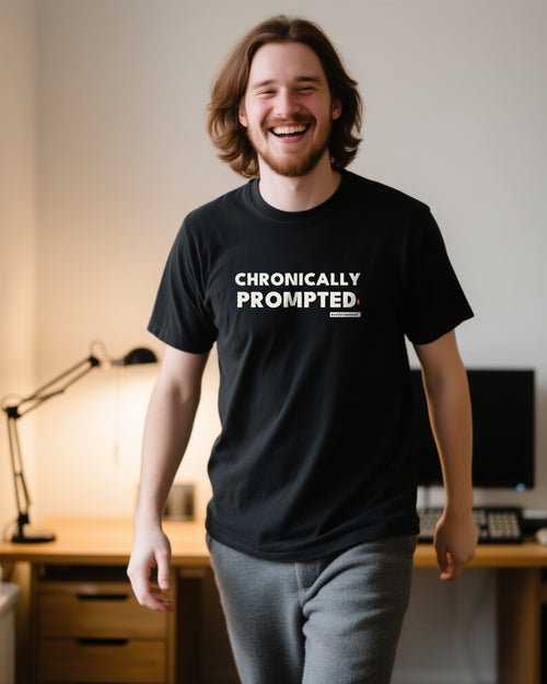 Chronically Prompted unisex heavyweight t-shirt in black, worn