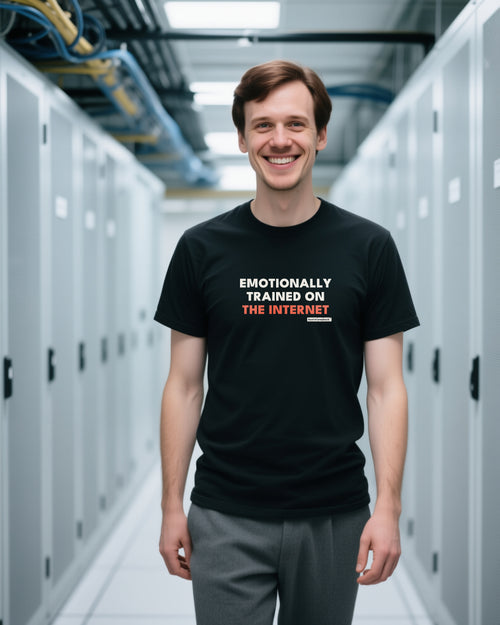 Emotionally Trained On The Internet unisex heavyweight t-shirt in black, worn
