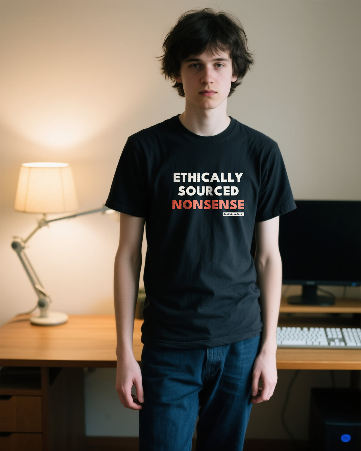 Ethically Sourced Nonsense unisex heavyweight t-shirt in black, worn