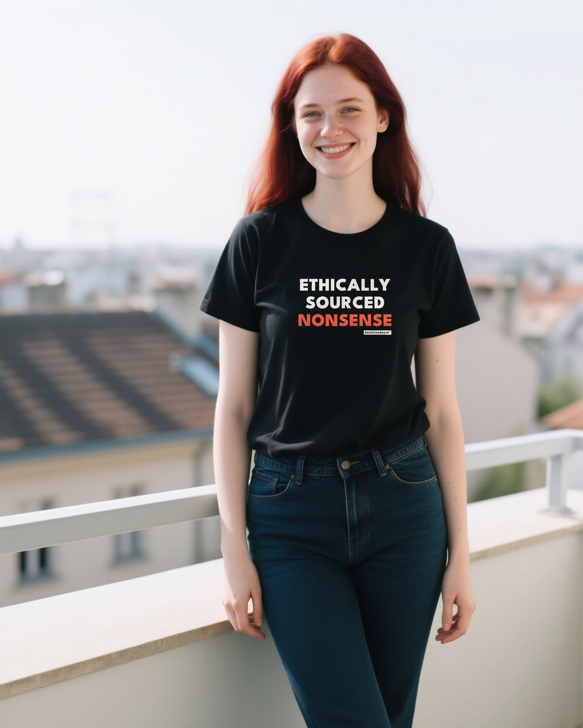 Ethically Sourced Nonsense unisex heavyweight t-shirt in black, worn