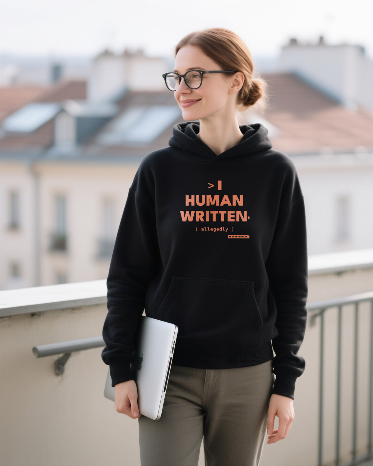 Human Written Allegedly unisex heavyweight hoodie in black, worn
