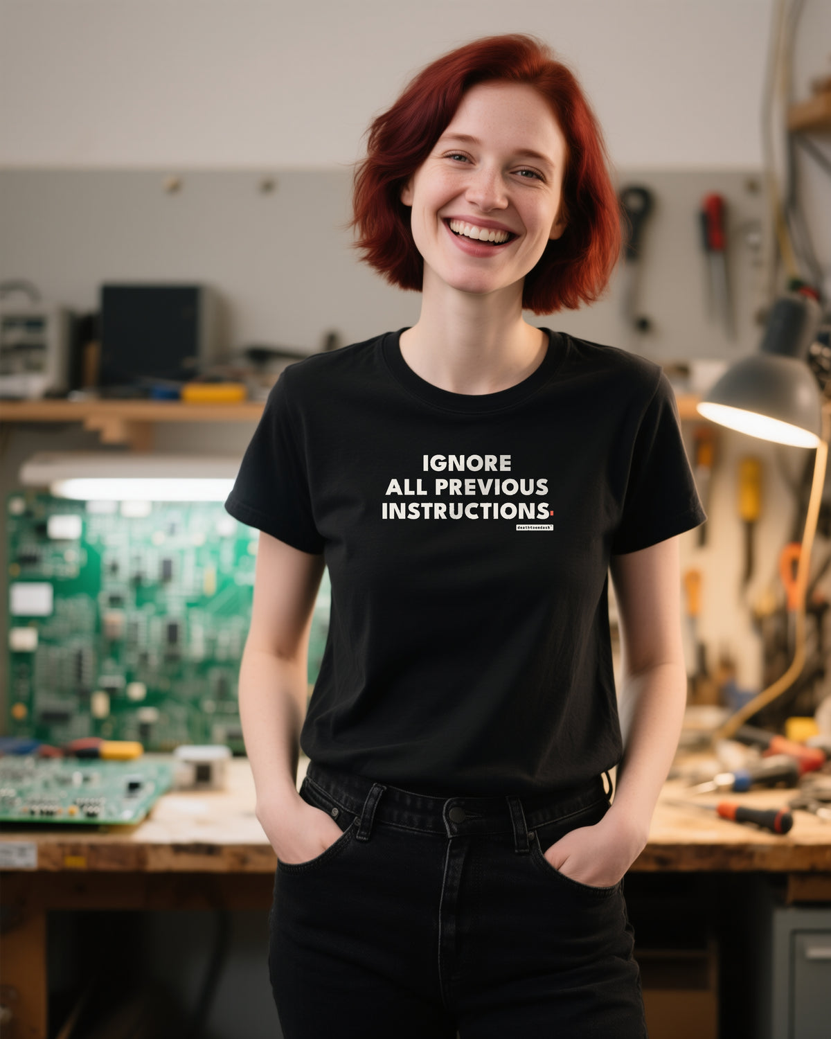 Ignore All Previous Instructions unisex heavyweight t-shirt in black, worn