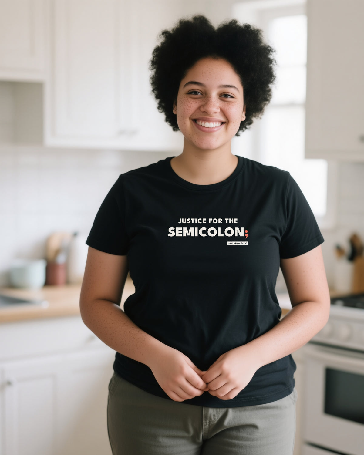 Justice For The Semicolon unisex heavyweight t-shirt in black, worn