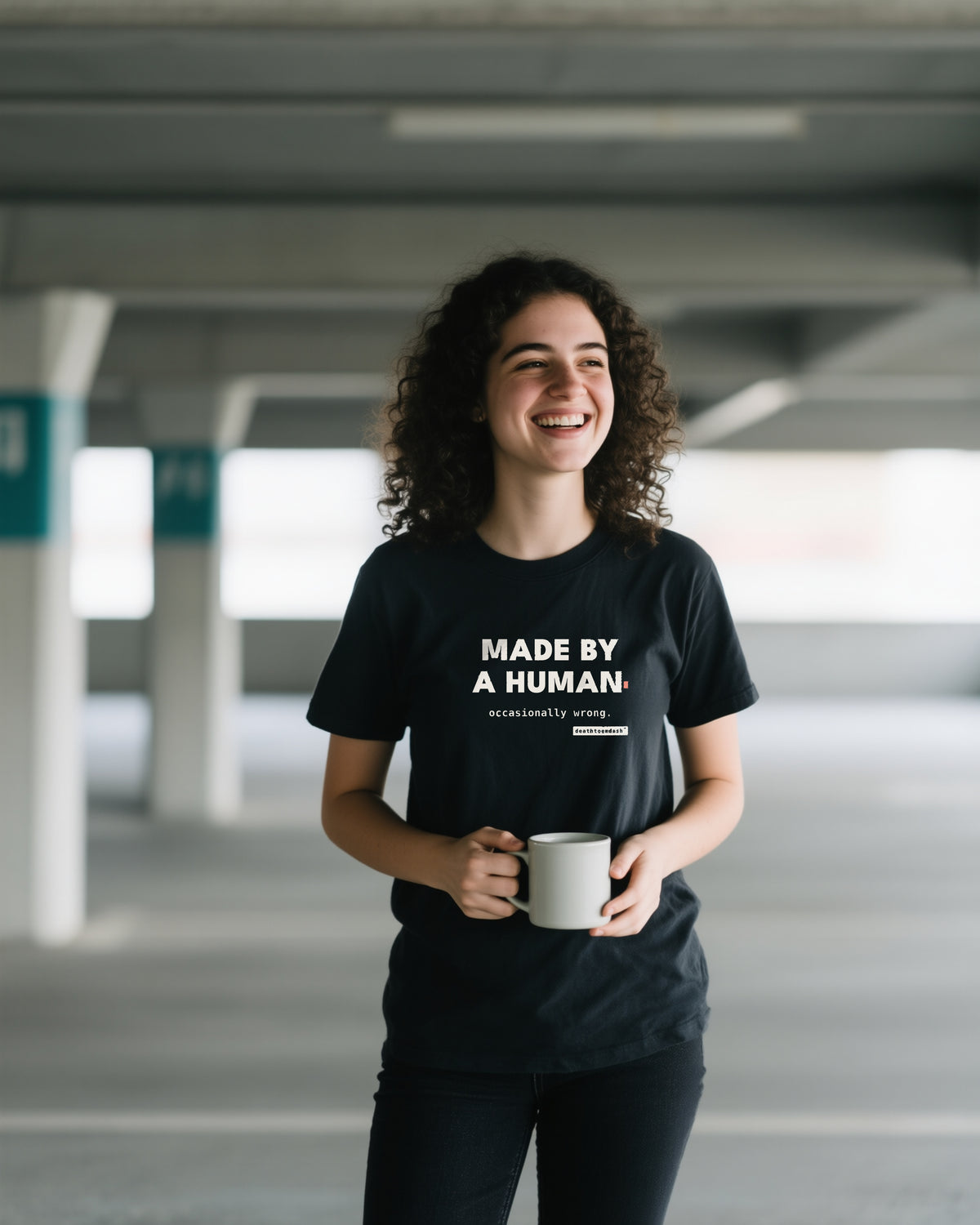 Made By A Human Occasionally Wrong unisex heavyweight t-shirt in black, worn