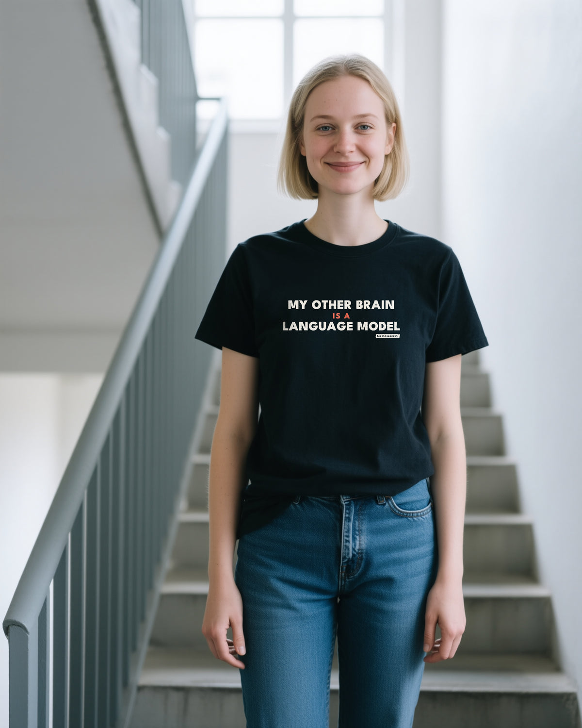 My Other Brain Is A Language Model unisex heavyweight t-shirt in black, worn