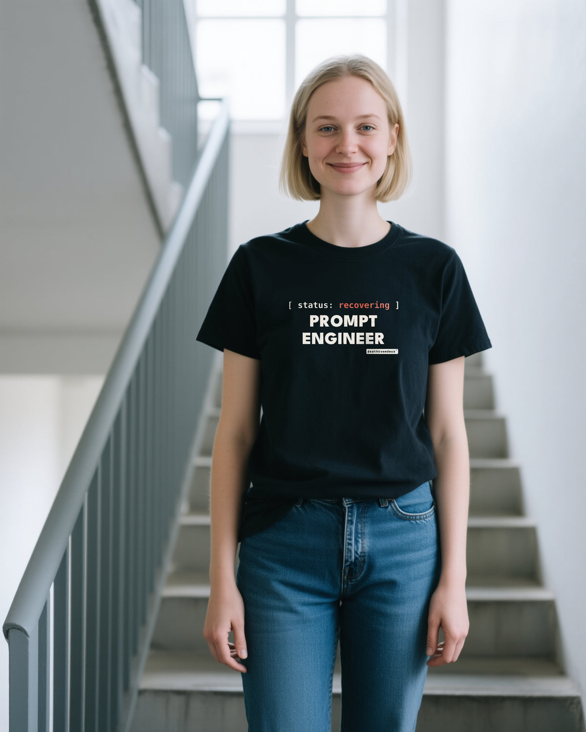 Recovering Prompt Engineer unisex heavyweight t-shirt in black, worn