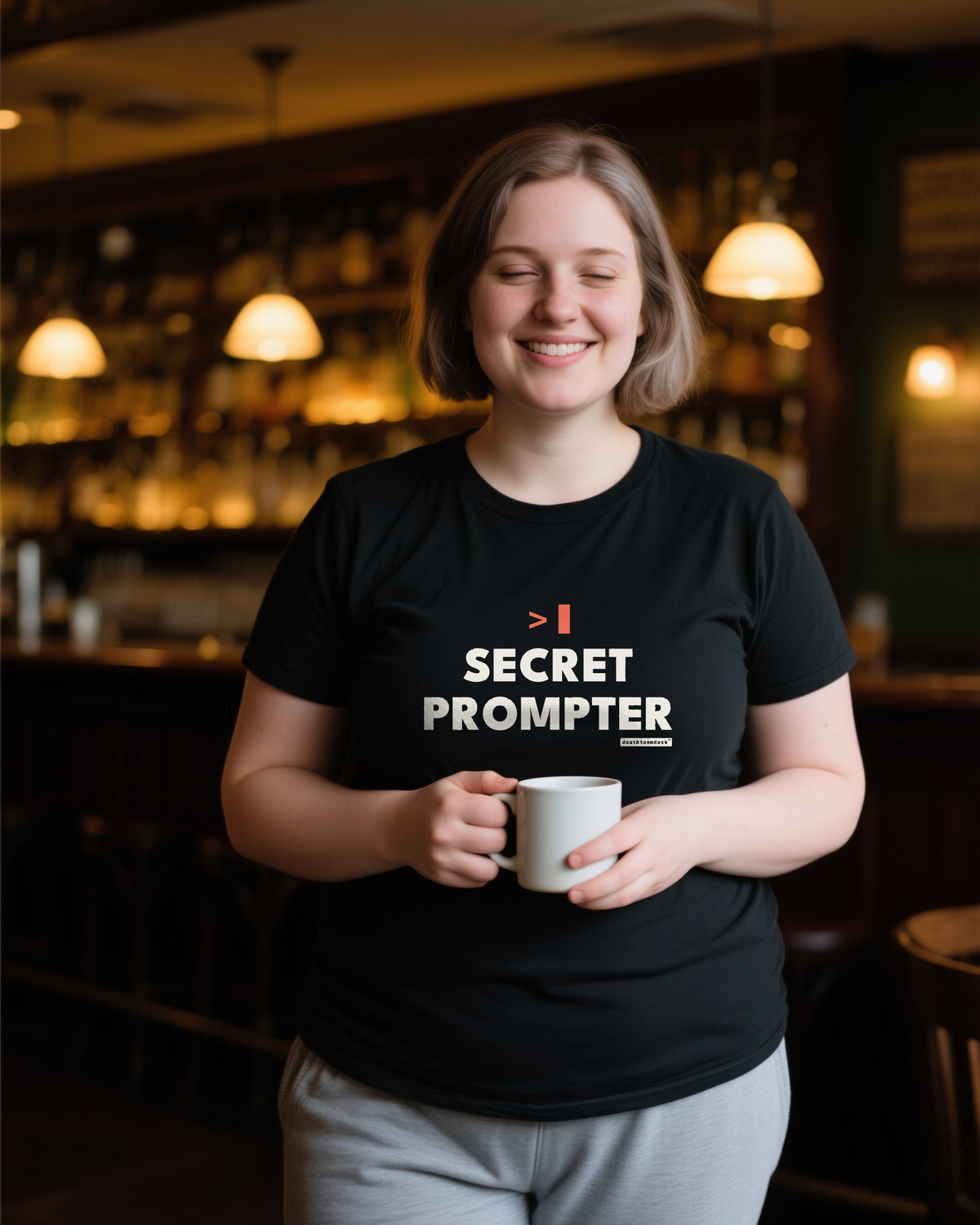 Secret Prompter unisex heavyweight t-shirt in black, worn
