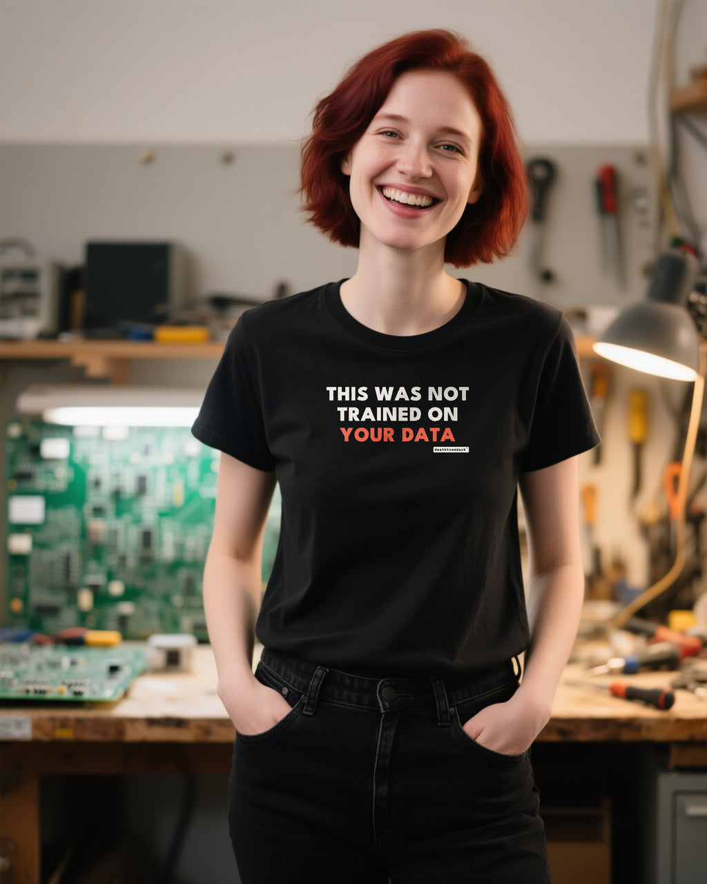 This Was Not Trained On Your Data unisex heavyweight t-shirt in black, worn