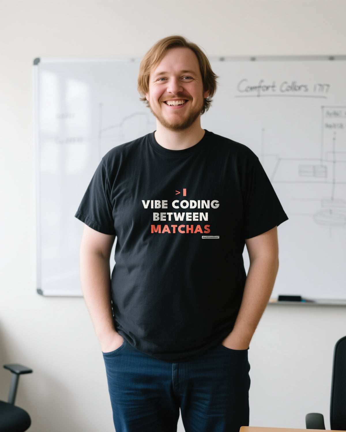 Vibe Coding Between Matchas unisex heavyweight t-shirt in black, worn