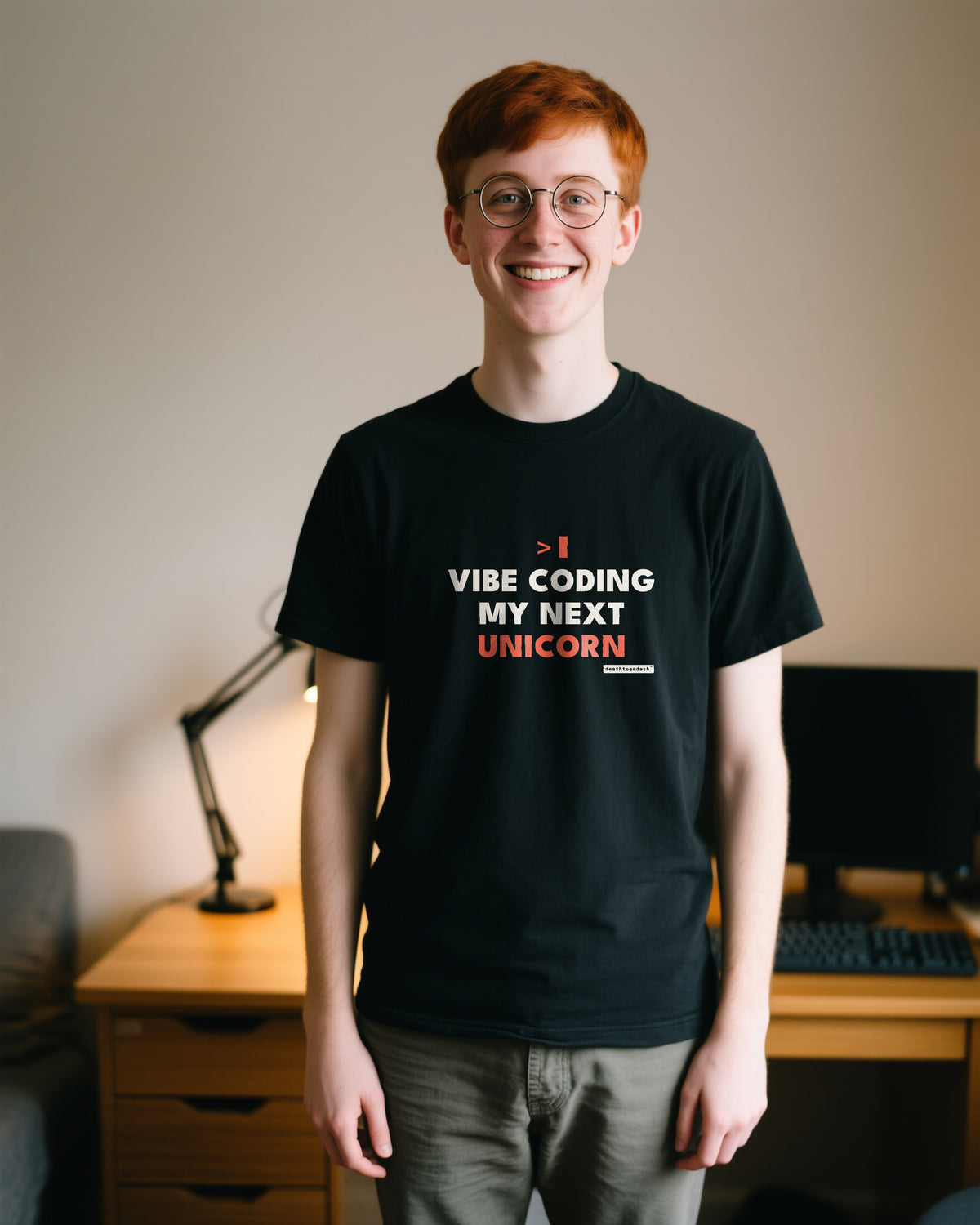 Vibe Coding My Next Unicorn unisex heavyweight t-shirt in black, worn