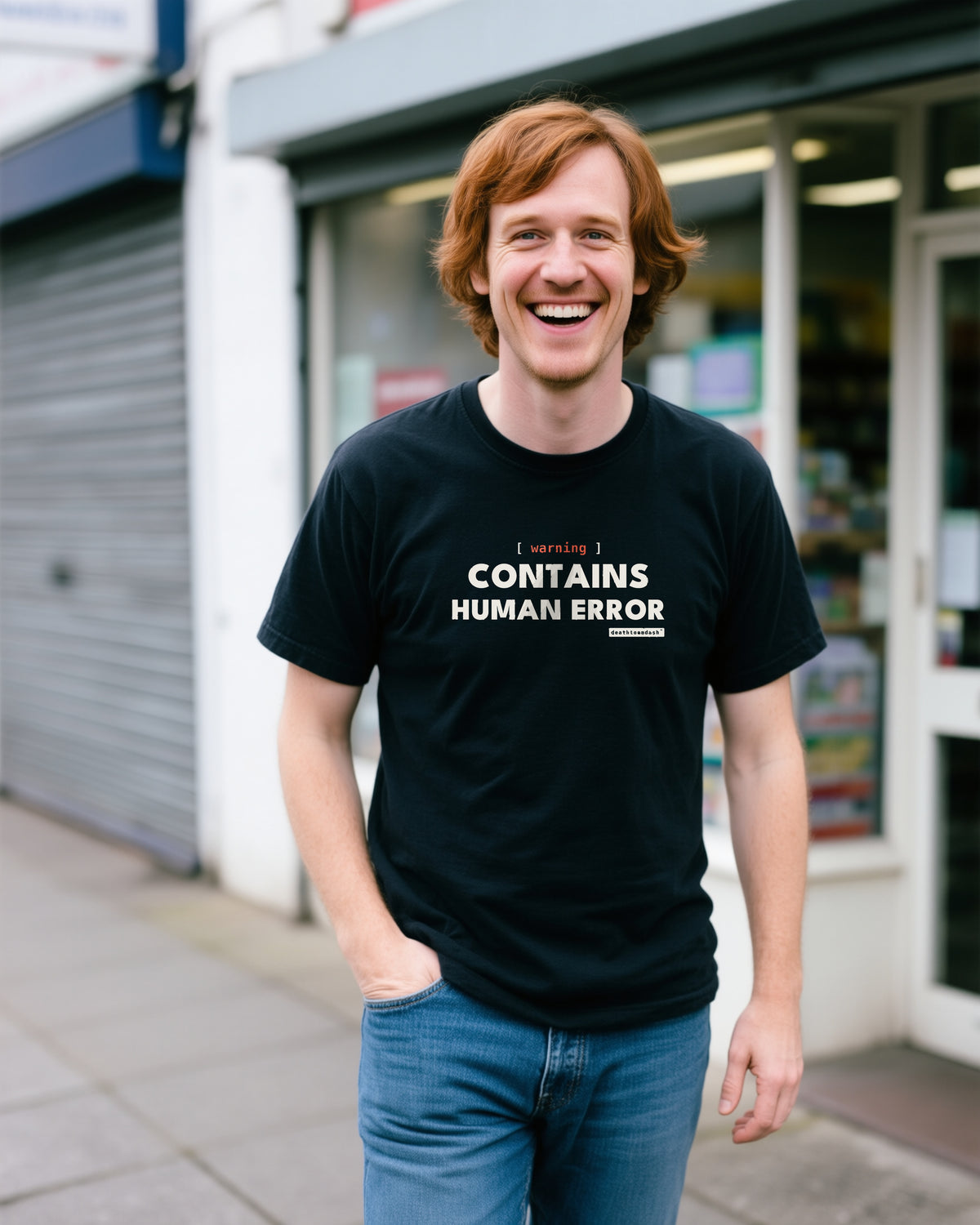 Warning Contains Human Error unisex heavyweight t-shirt in black, worn