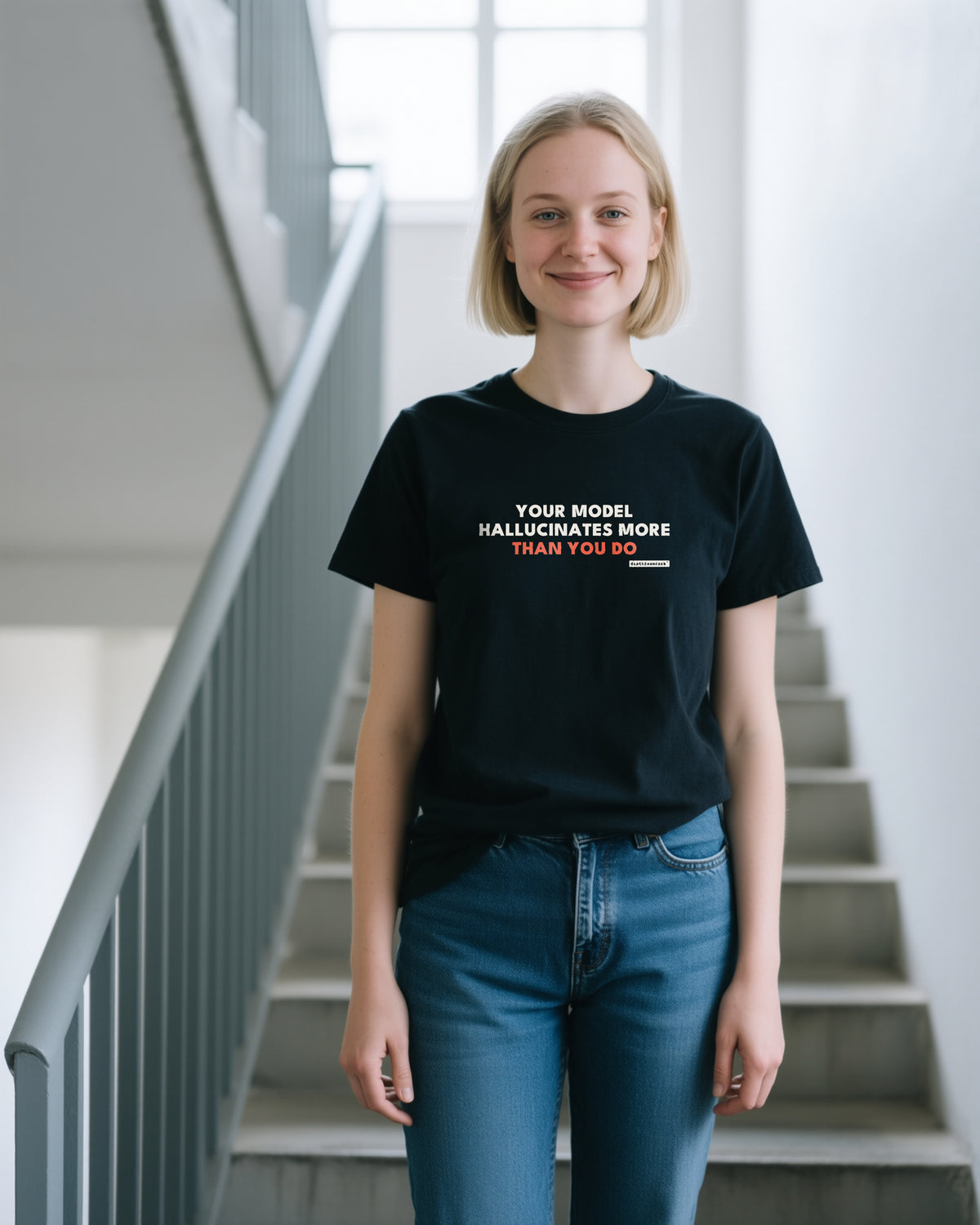 Your Model Hallucinates More Than You Do unisex heavyweight t-shirt in black, worn
