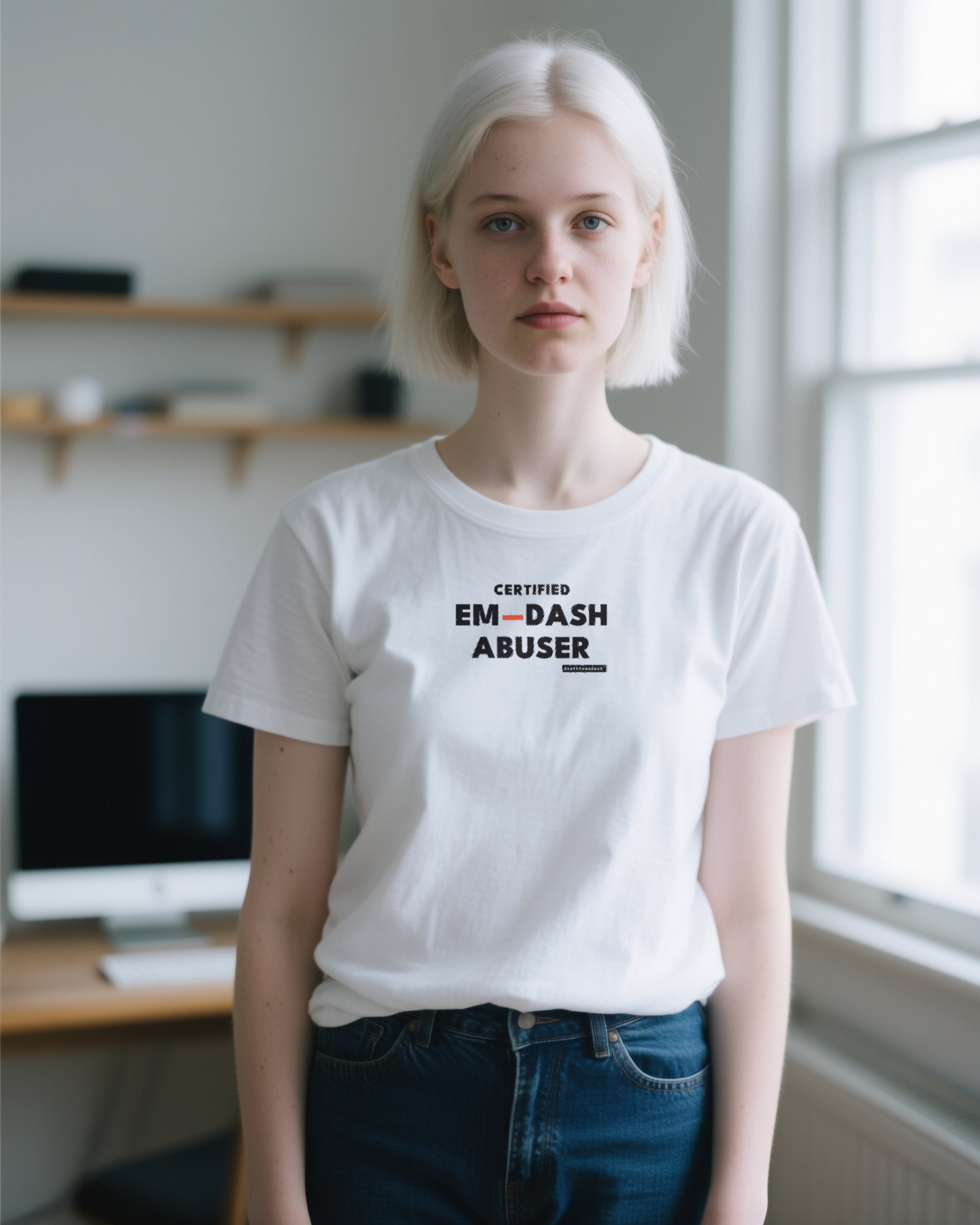Certified Em-Dash Abuser women's relaxed t-shirt in white, worn