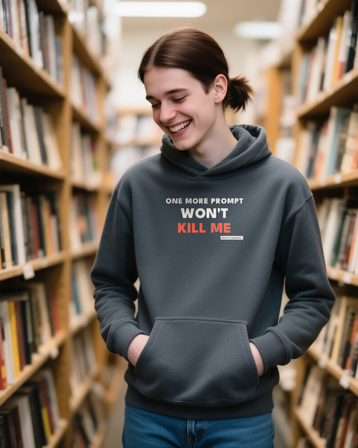 One More Prompt Won T Kill Me unisex heavyweight hoodie in dark heather, worn