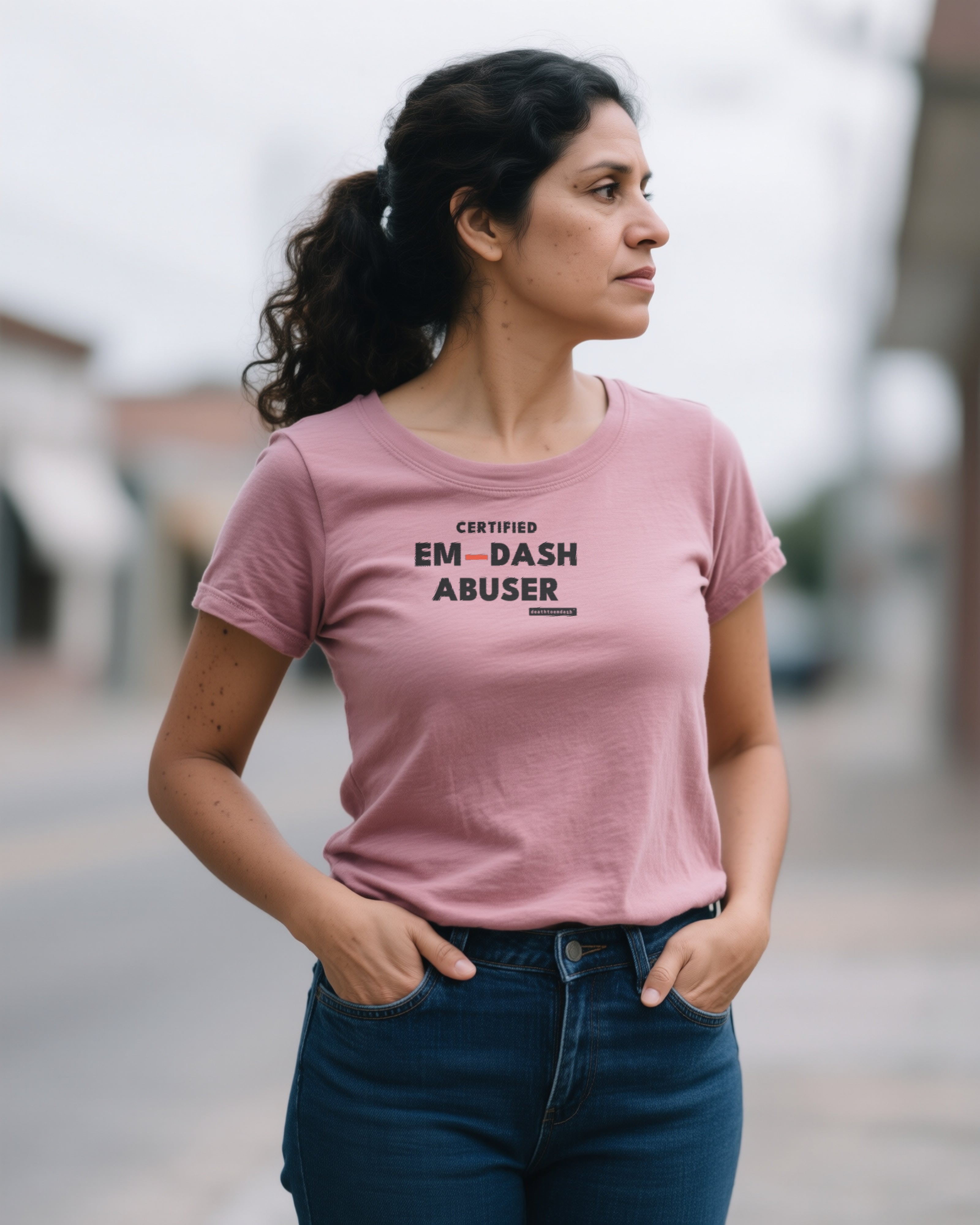 Certified Em-Dash Abuser women's relaxed t-shirt in heather mauve, worn