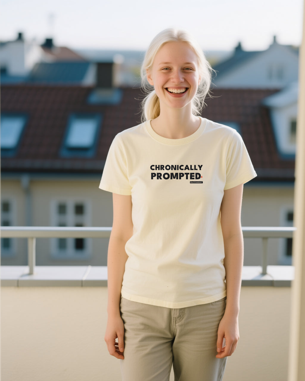 Chronically Prompted unisex heavyweight t-shirt in ivory, worn