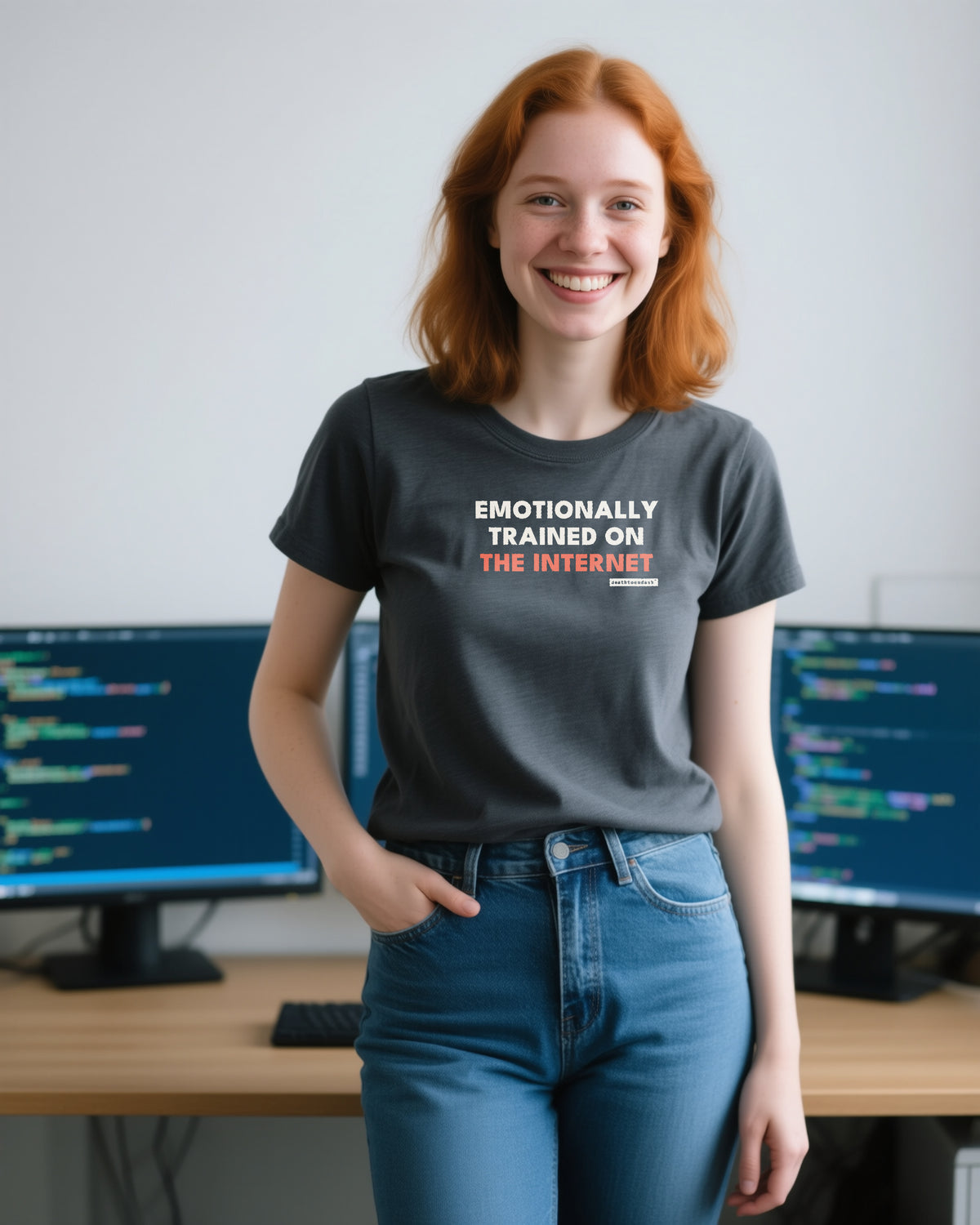 Emotionally Trained On The Internet unisex heavyweight t-shirt in dark grey heather, worn