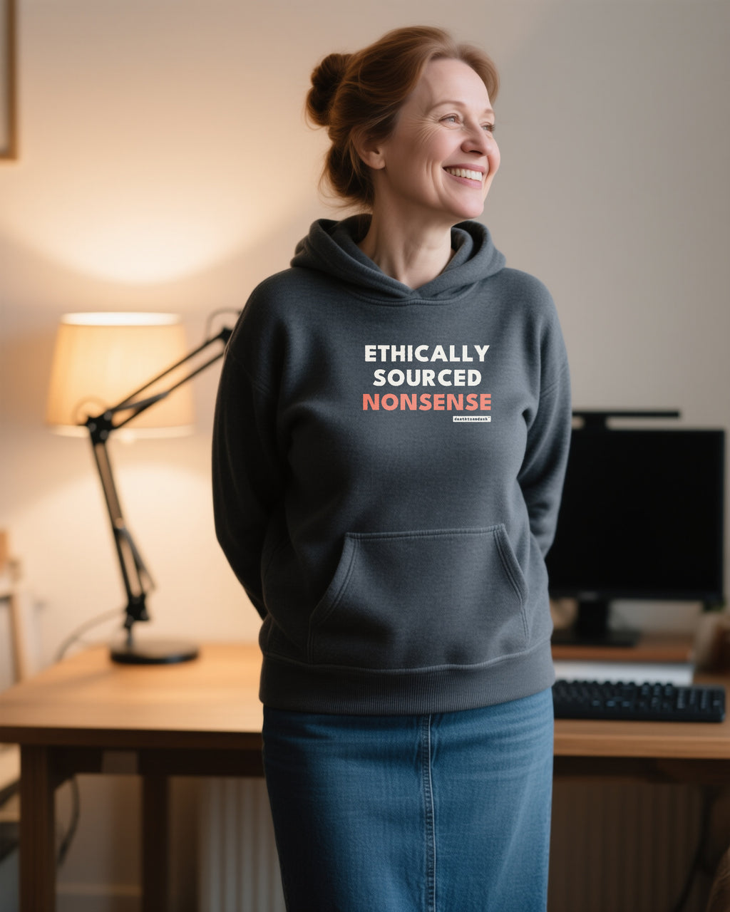 Ethically Sourced Nonsense unisex heavyweight hoodie in dark heather, worn