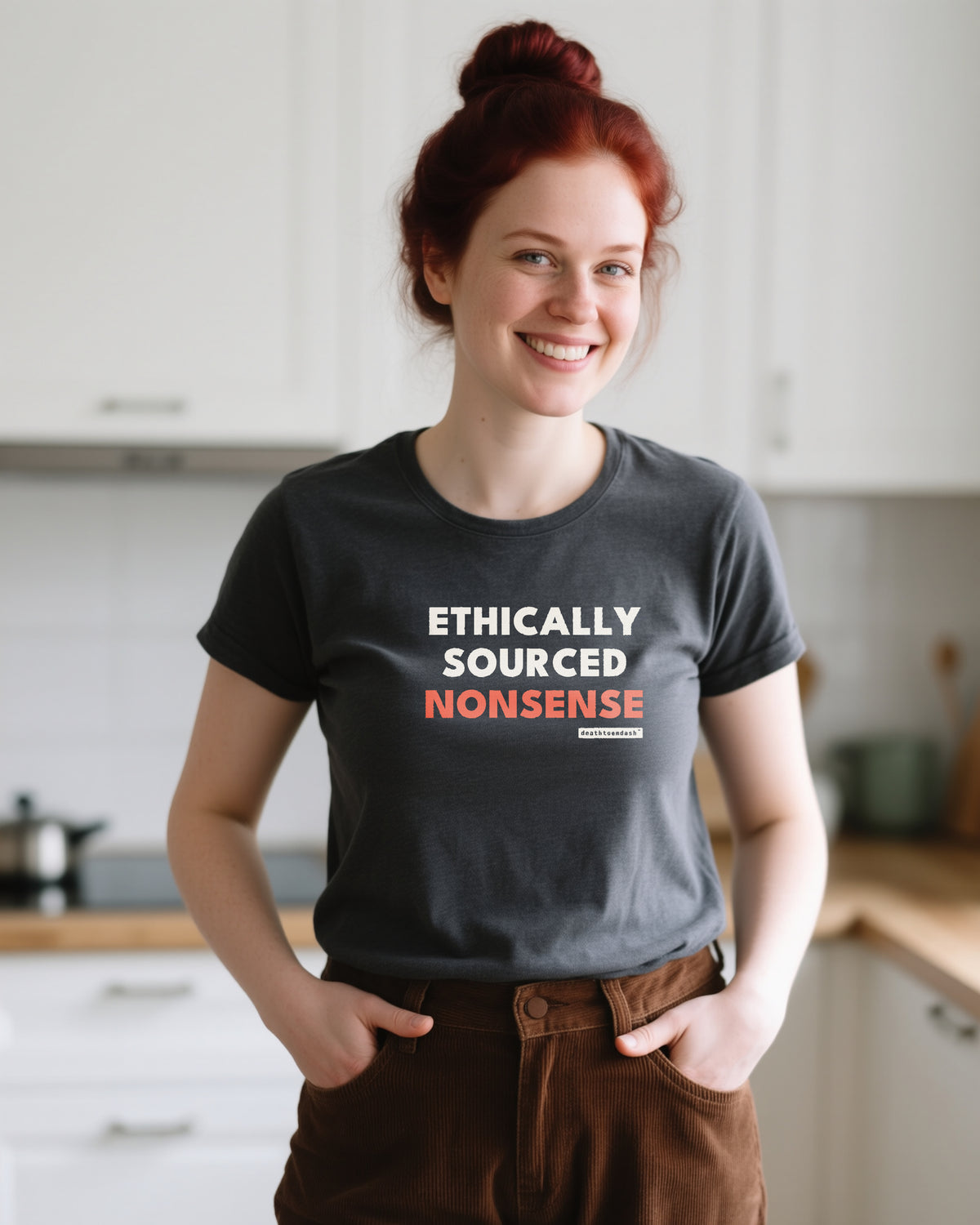 Ethically Sourced Nonsense unisex heavyweight t-shirt in dark grey heather, worn