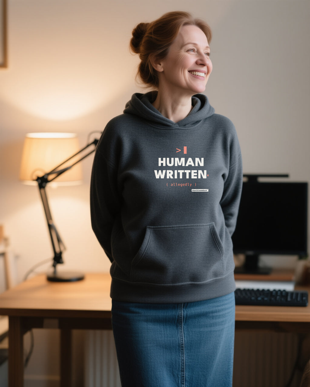 Human Written Allegedly unisex heavyweight hoodie in dark heather, worn
