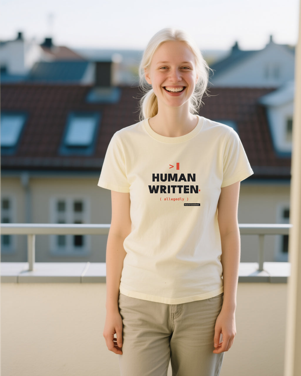 Human Written Allegedly unisex heavyweight t-shirt in ivory, worn