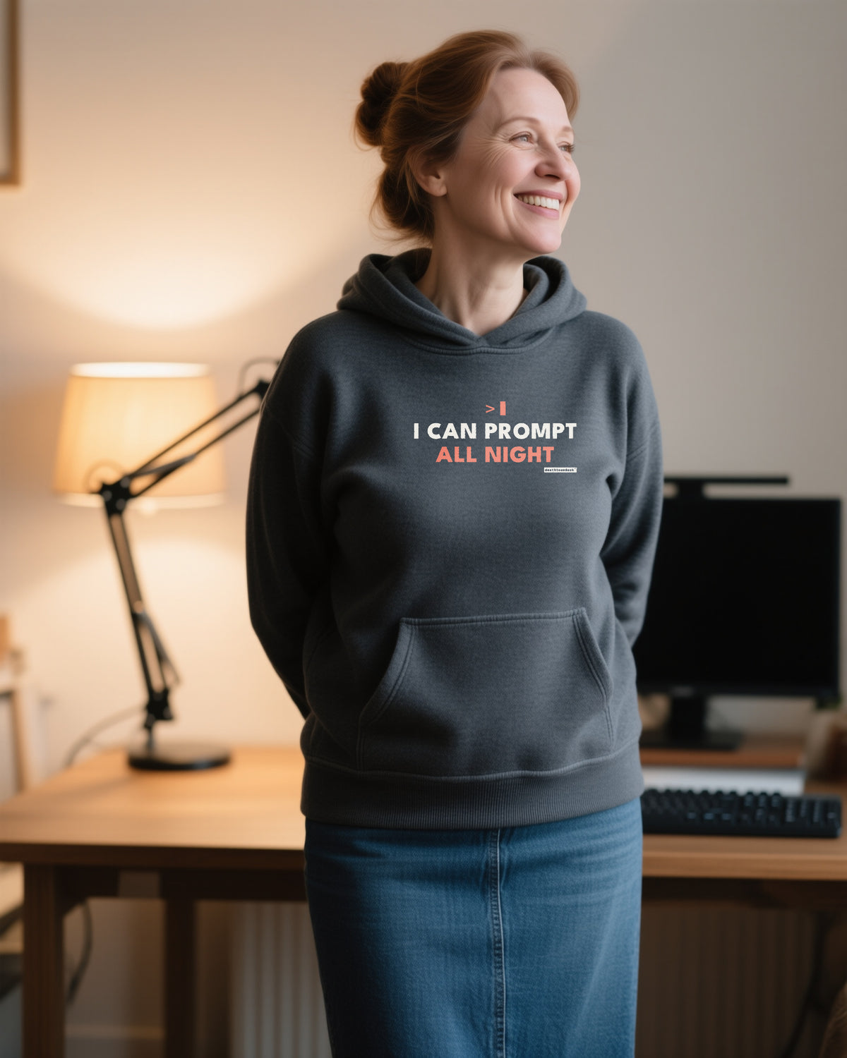 I Can Prompt All Night unisex heavyweight hoodie in dark heather, worn