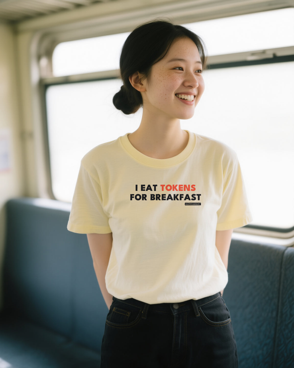 I Eat Tokens For Breakfast unisex heavyweight t-shirt in ivory, worn