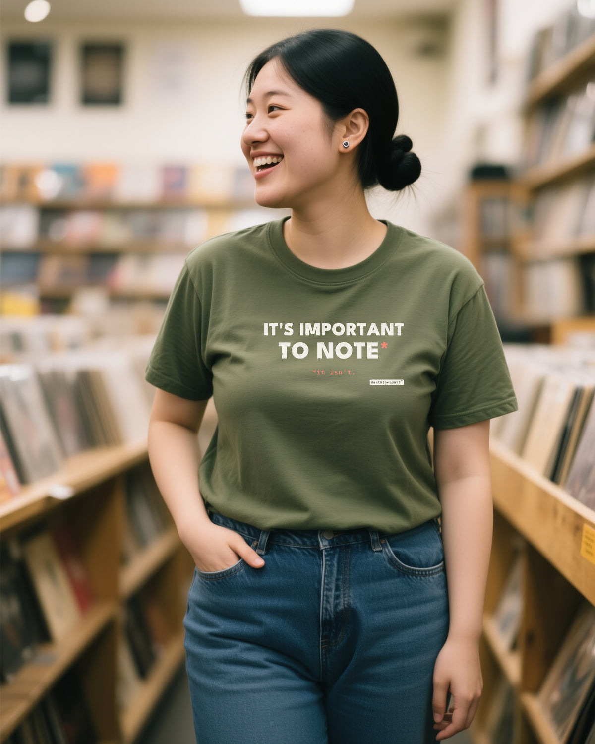 It S Important To Note unisex heavyweight t-shirt in moss, worn