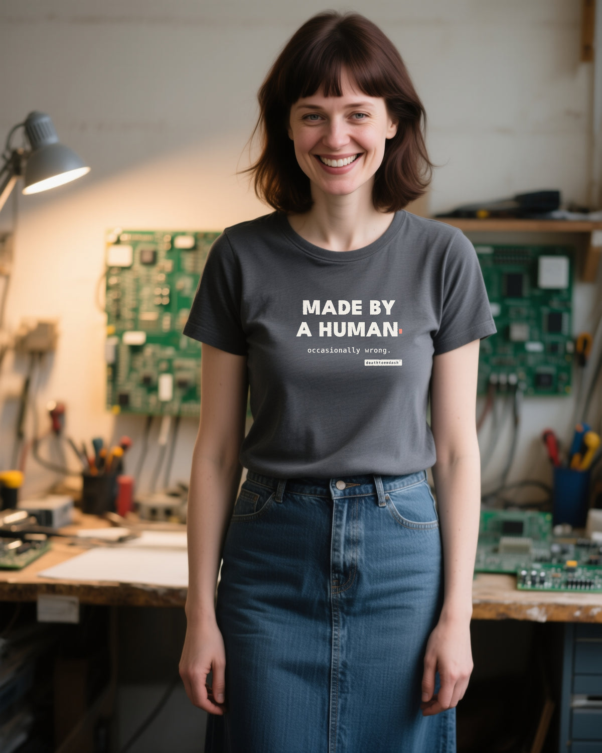Made By A Human Occasionally Wrong unisex heavyweight t-shirt in dark grey heather, worn