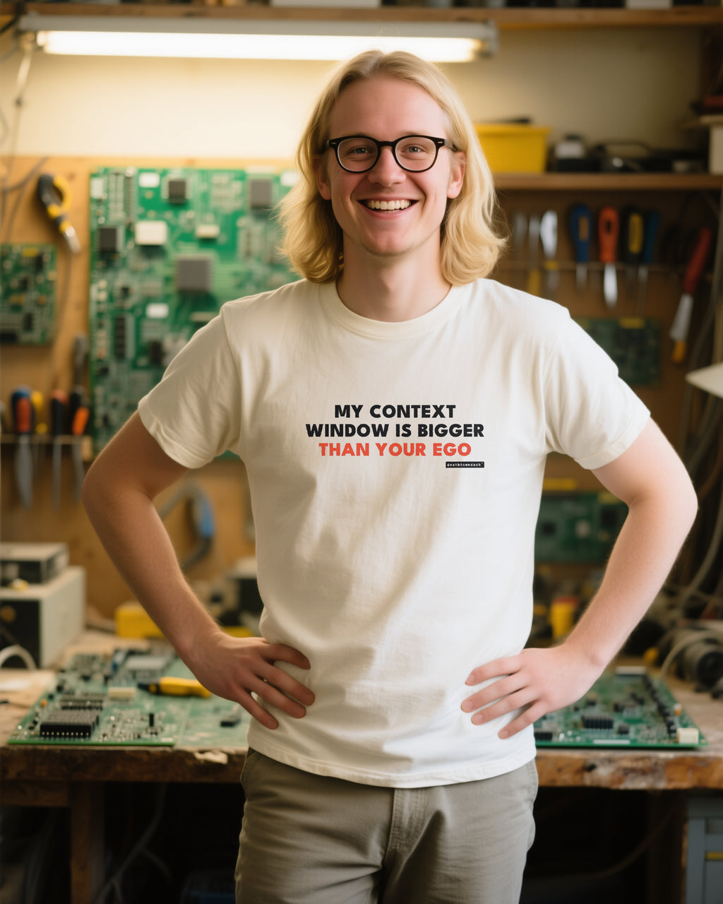 My Context Window Is Bigger Than Your Ego unisex heavyweight t-shirt in ivory, worn
