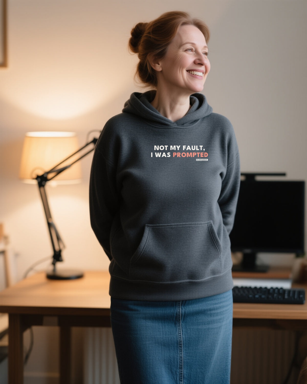 Not My Fault I Was Prompted unisex heavyweight hoodie in dark heather, worn