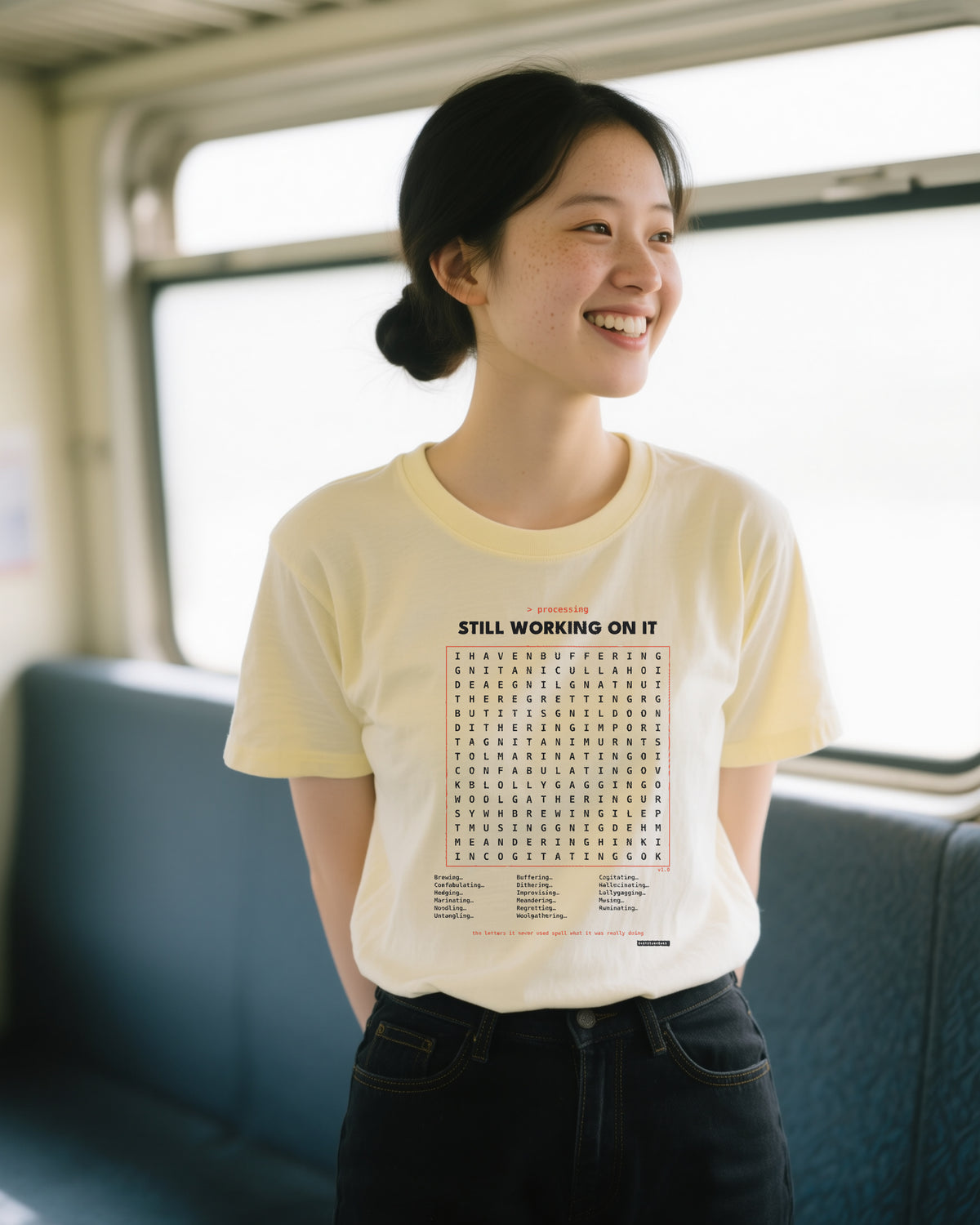 Processing Wordsearch V1 unisex heavyweight t-shirt in ivory, worn