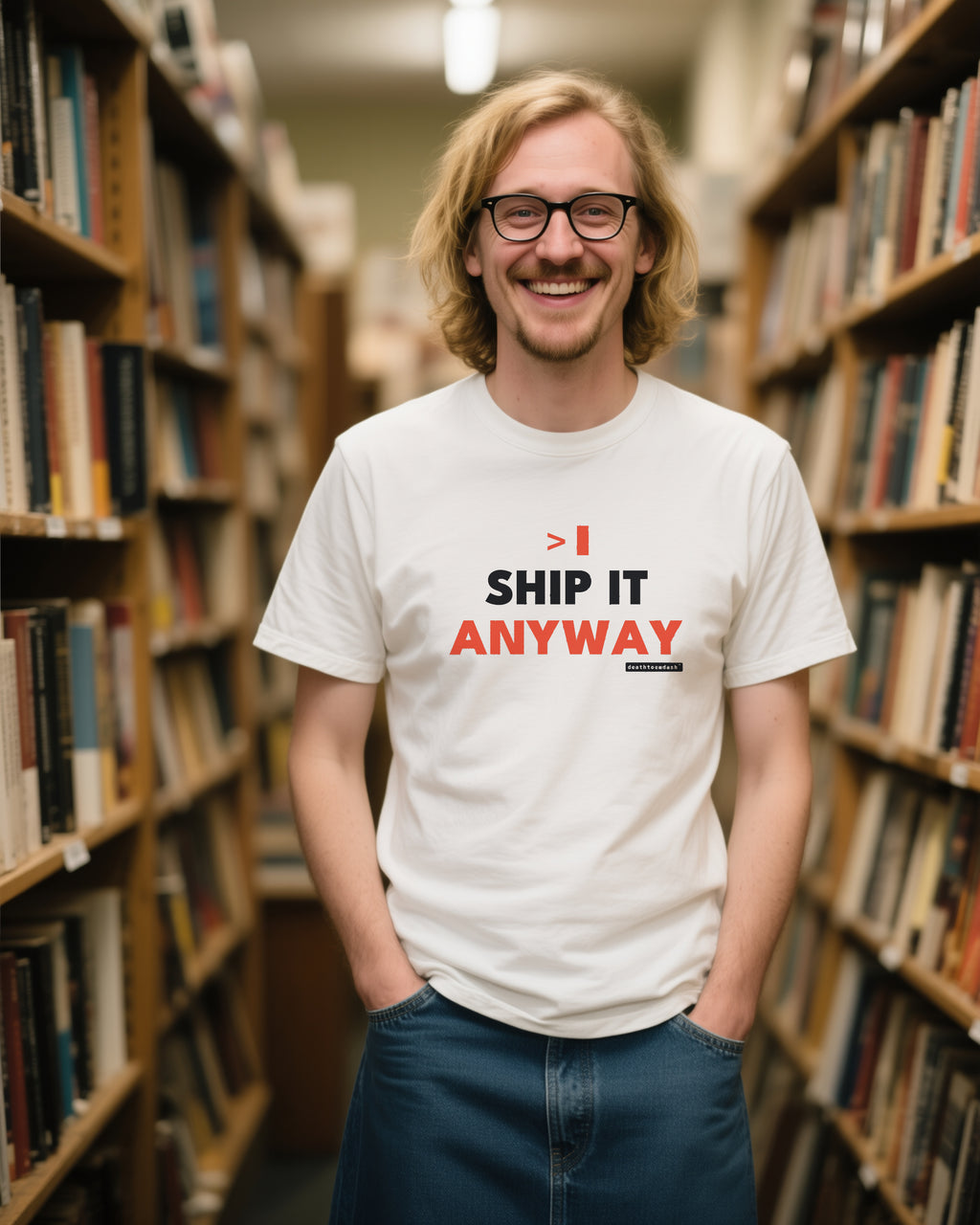 Ship It Anyway unisex heavyweight t-shirt in ivory, worn